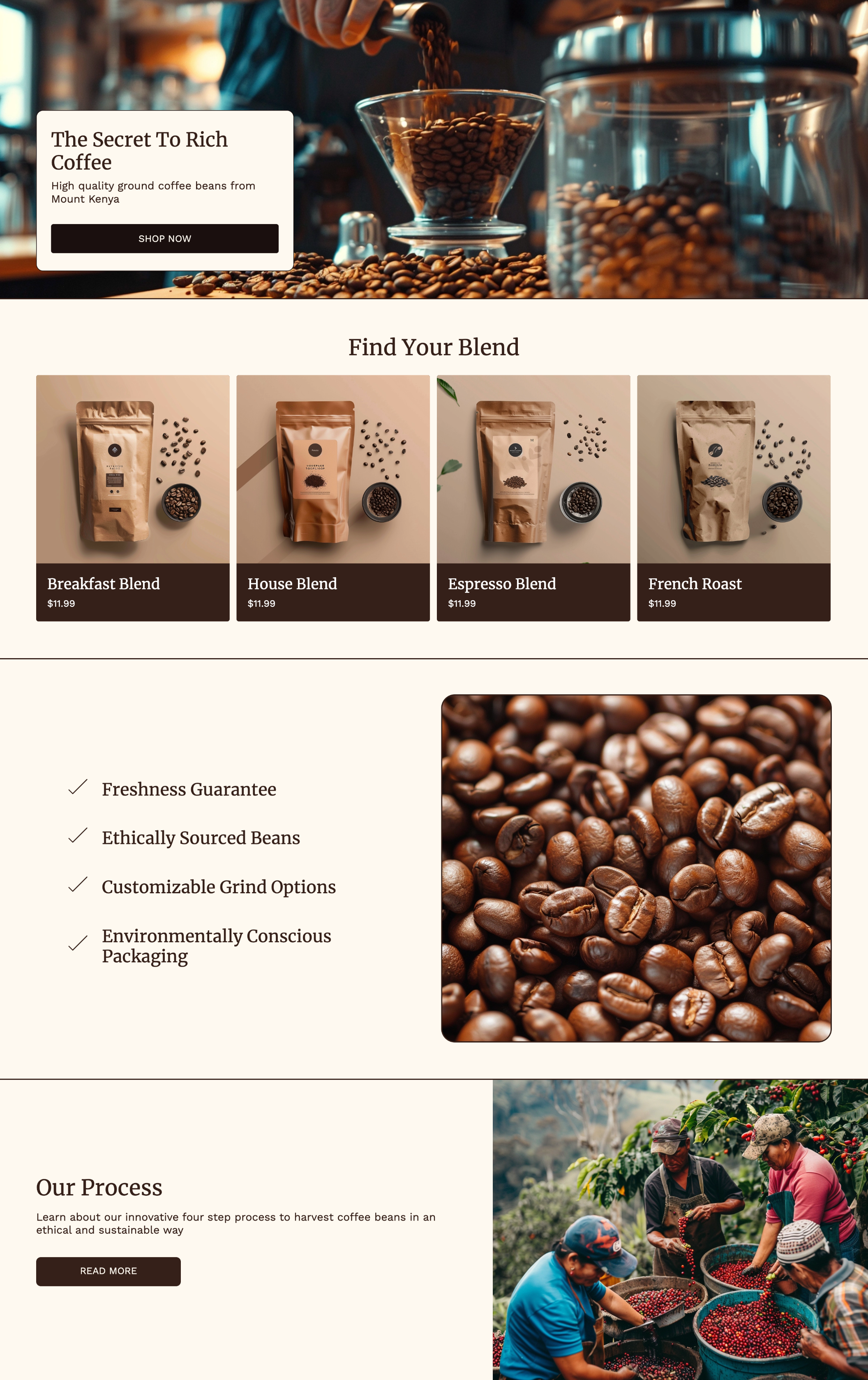 Home page template for a e-commerce store selling coffee beans