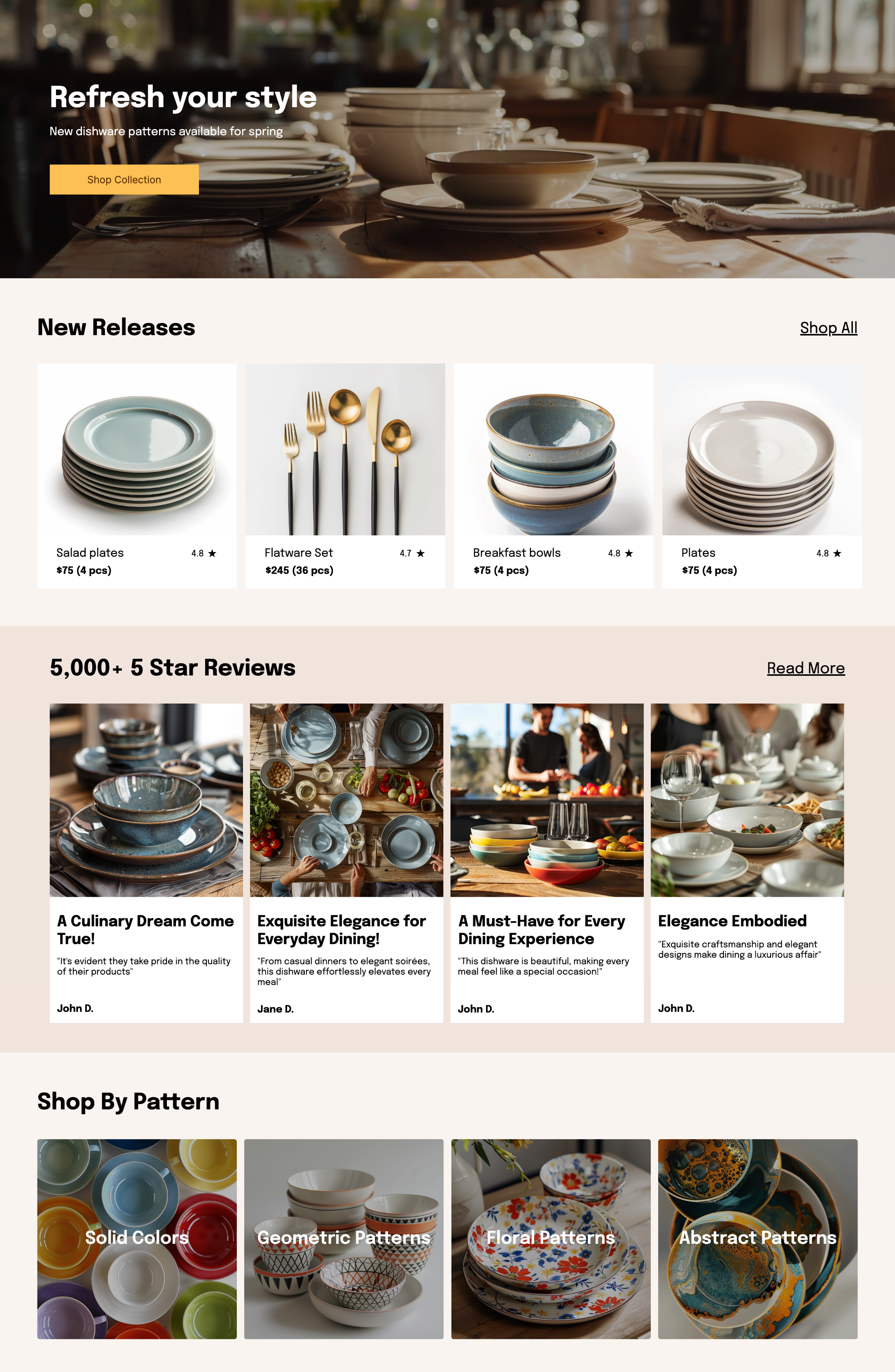 Home page template for a e-commerce store selling dinnerware